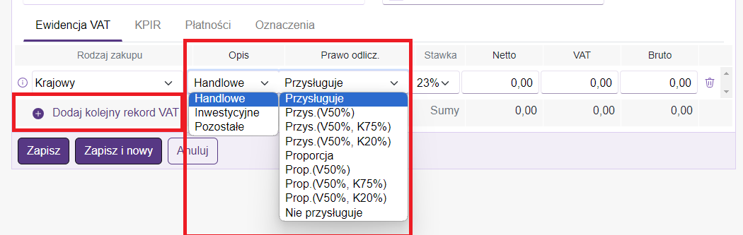 Okno ewidencja VAT zakup